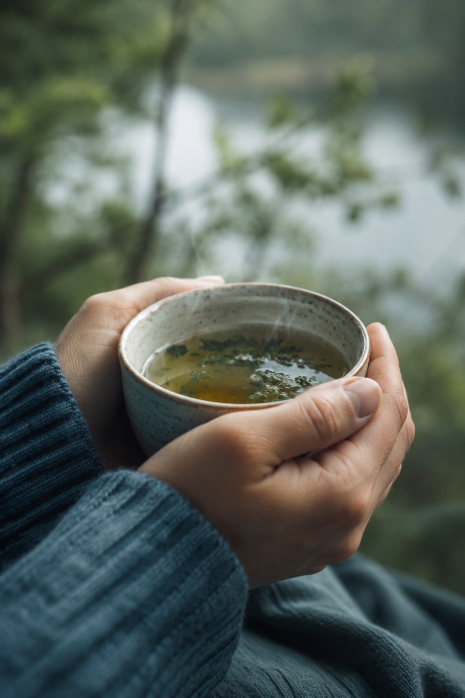 Hände mit einer Tasse Tee in der Natur (KI-generiert)