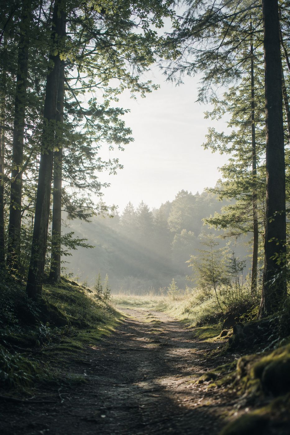 Sonniger Waldweg, der sich öffnet (KI-generiert)