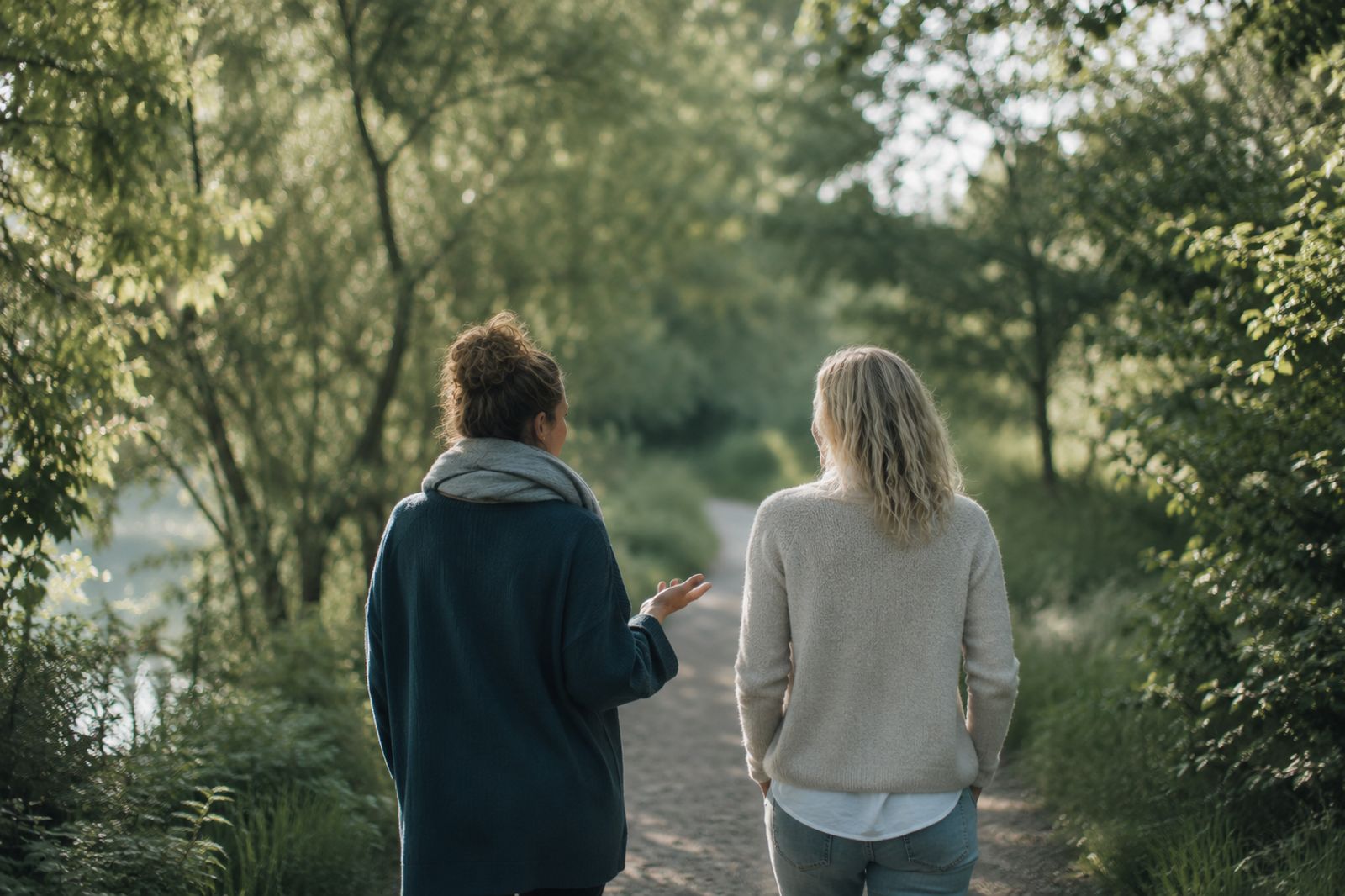 Zwei Menschen im Gespräch auf einem Naturweg (KI-generiert)