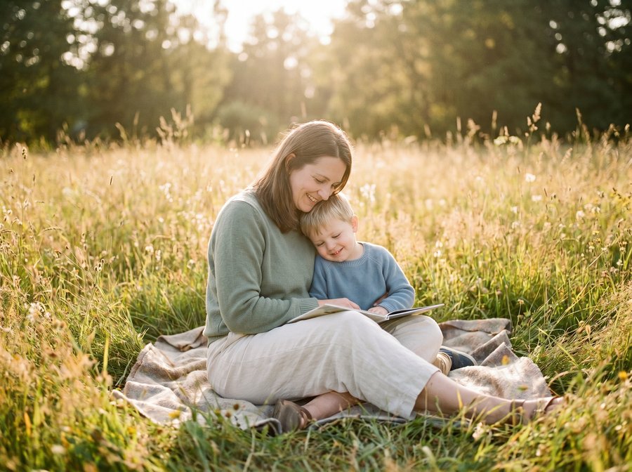 Alleinerziehende Mutter mit Kind in der Natur (KI-generiert)
