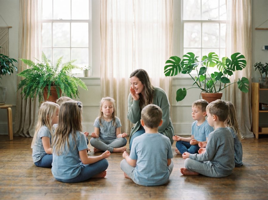 Achtsamkeitsübung mit Schulkindern im Kreis (KI-generiert)