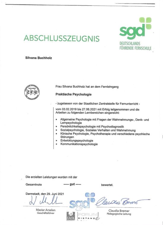 Abschlusszeugnis Praktische Psychologie